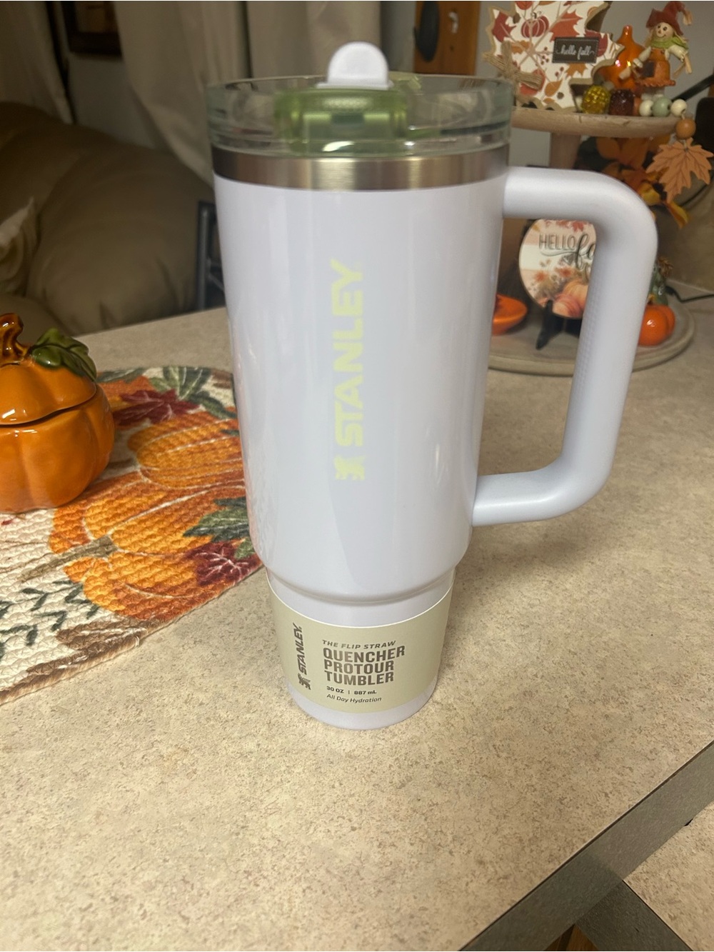 Stanley White Travel Tumbler with Pale Green Lid Accent